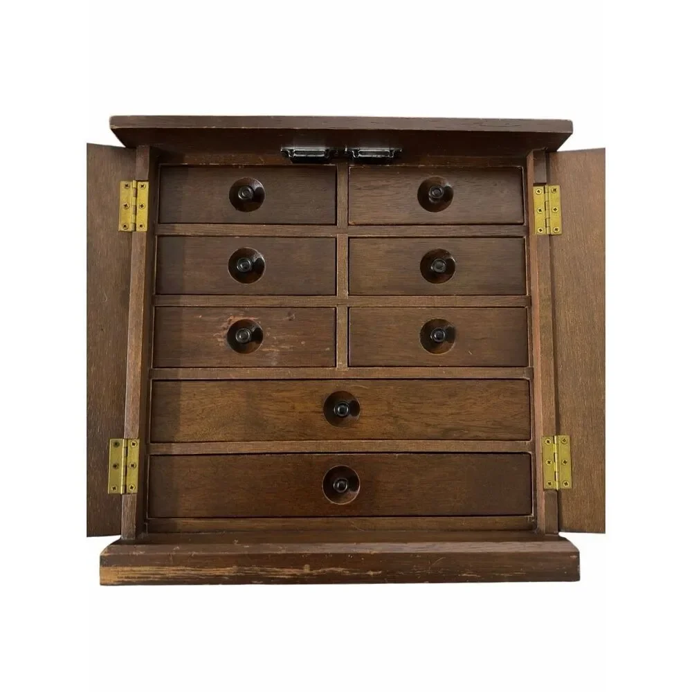 Vintage Antique Japanese Handcrafted Wood Tansu Jewelry  Chest Box 11.75”